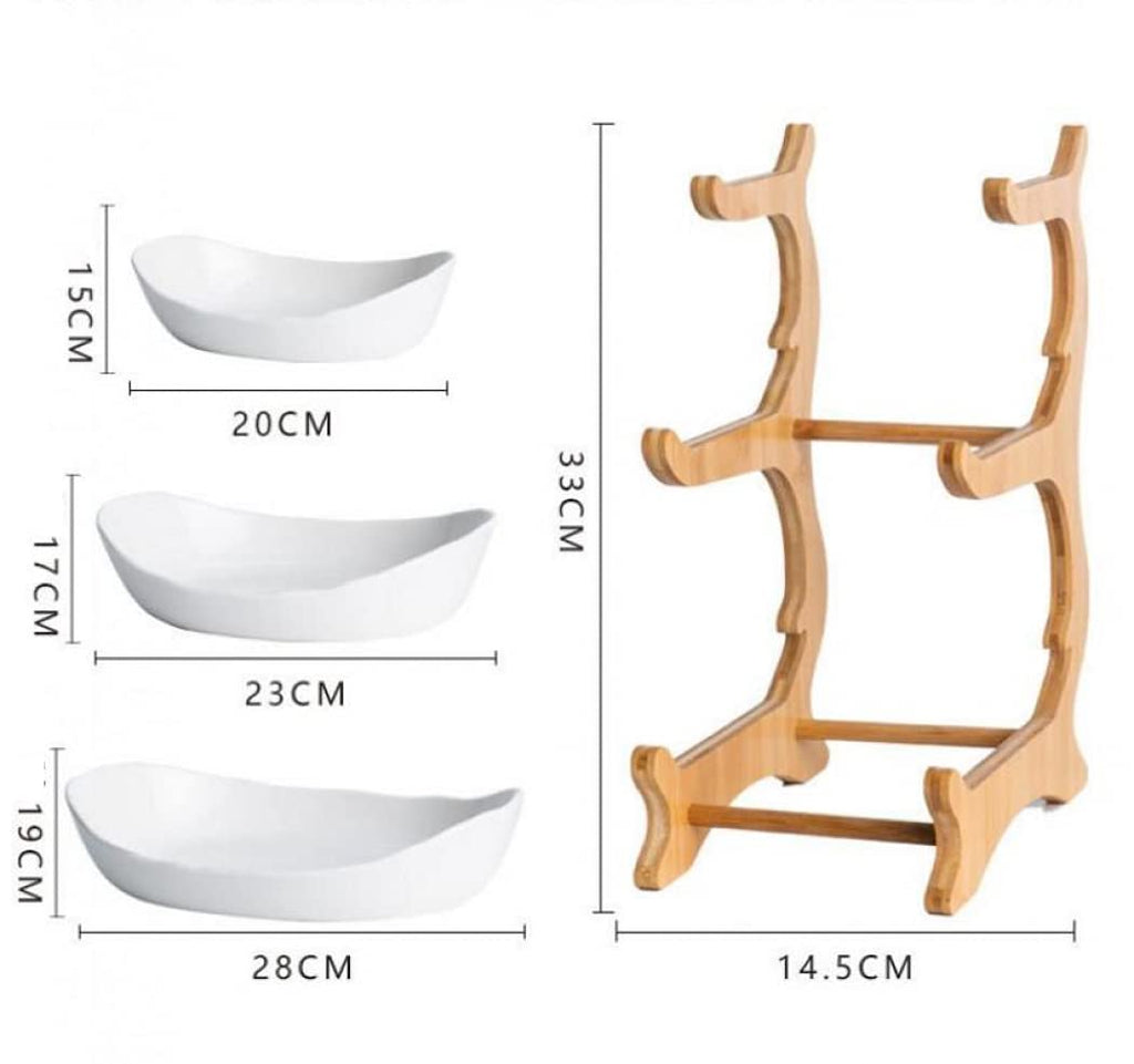 3-Tier Ceramic Fruit Basket with Bamboo Tray V8791