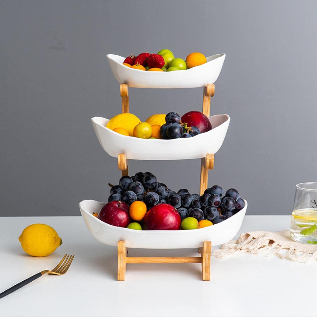 3-Tier Ceramic Fruit Basket with Bamboo Tray V8791