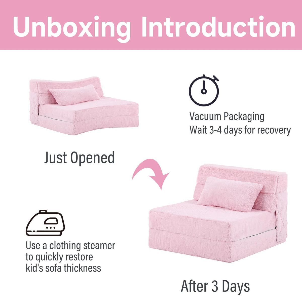 Pink Plush Convertible Folding Kids Sofa Bed with Pillow & Storage Bag W4320