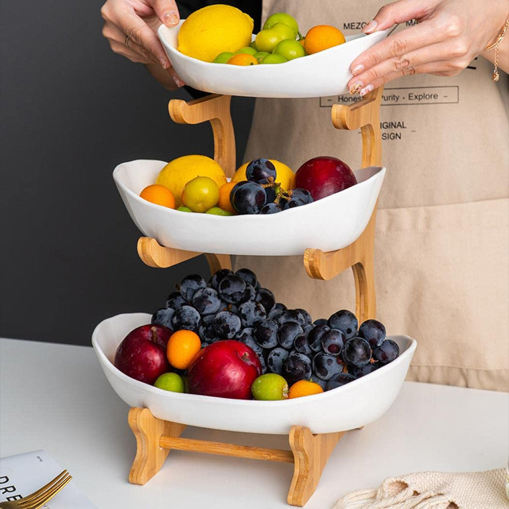3-Tier Ceramic Fruit Basket with Bamboo Tray V8791