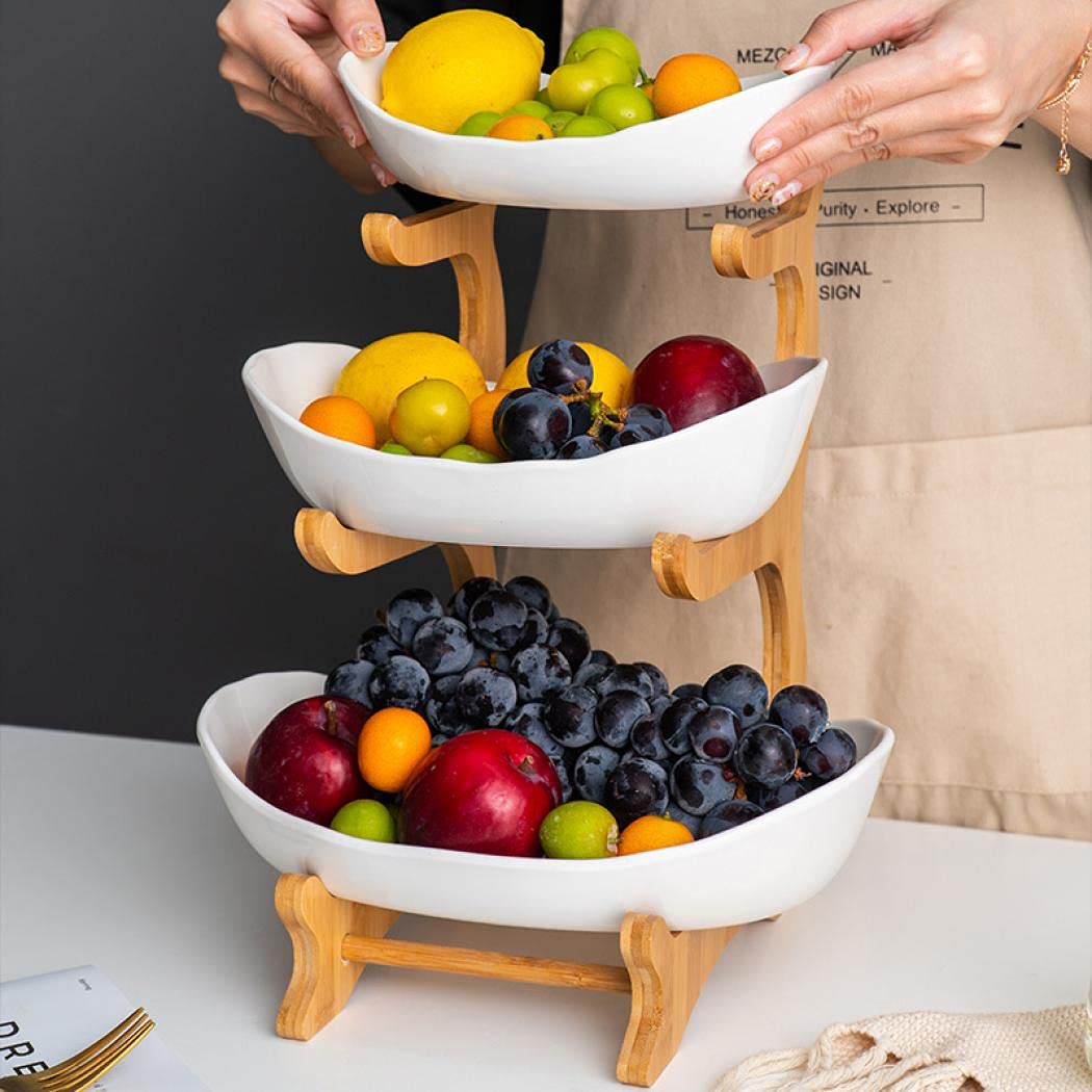 3-Tier Ceramic Fruit Basket with Bamboo Tray V8791