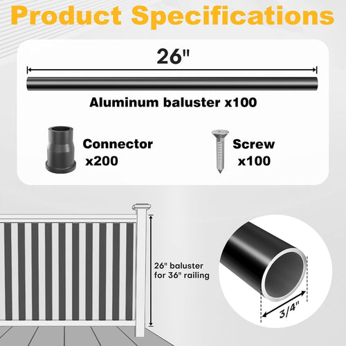 100 Pack 26" Black Aluminum Deck Balusters T94293