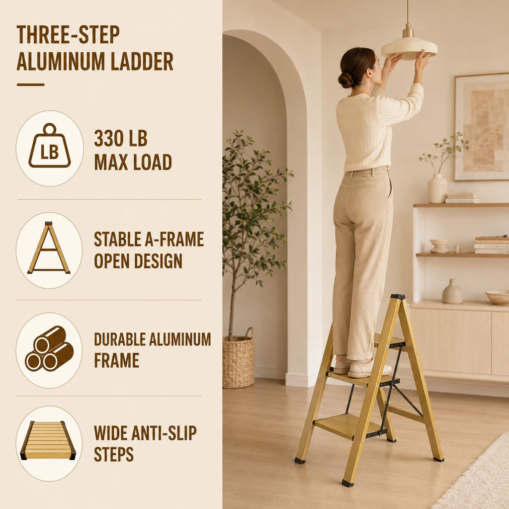 Gold Aluminum 3 Step Folding Stool, 330 lb Capacity S73109
