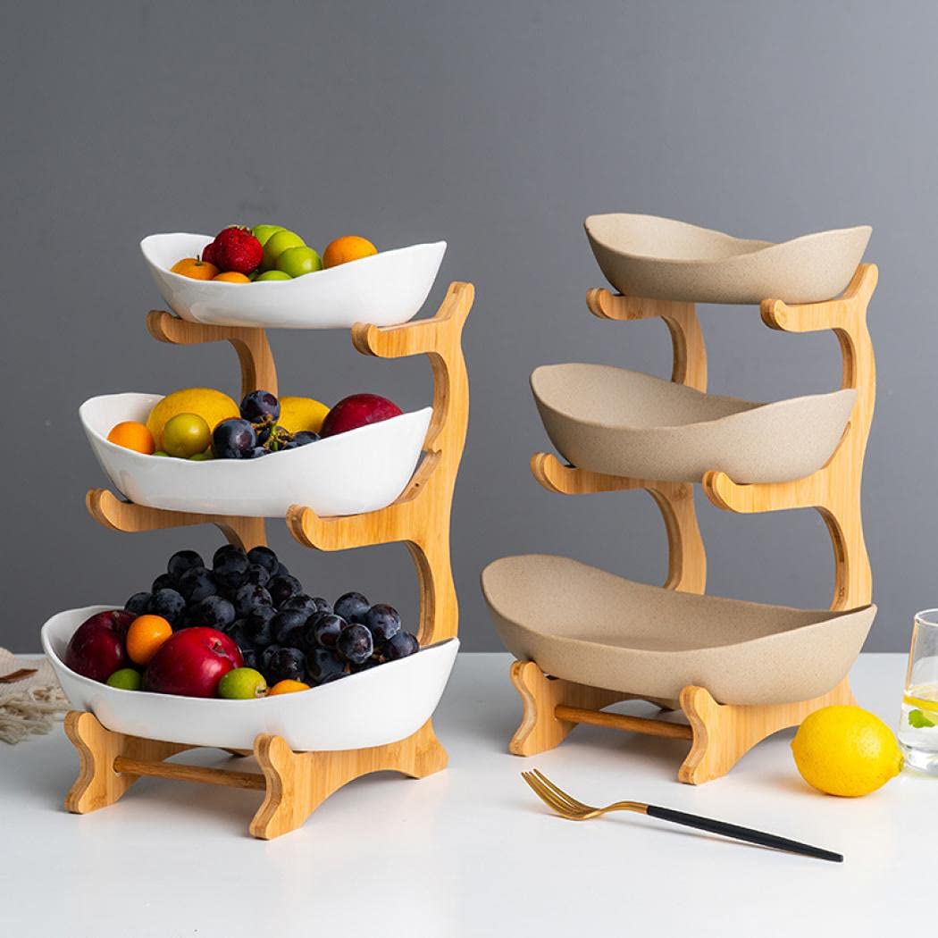 3-Tier Ceramic Fruit Basket with Bamboo Tray V8791