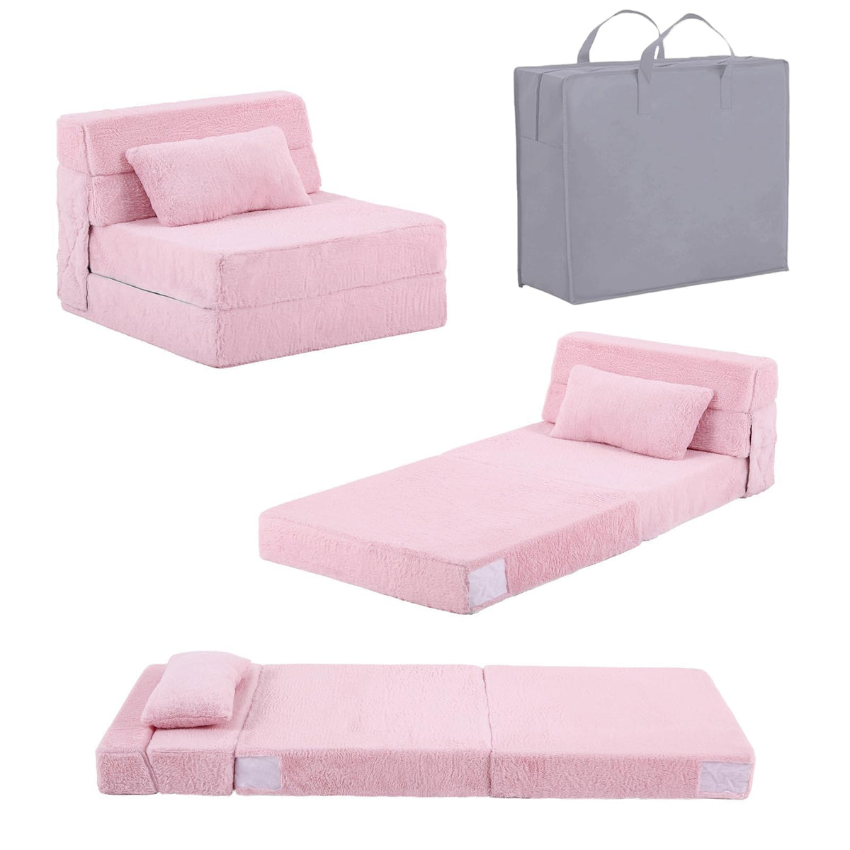 Pink Plush Convertible Folding Kids Sofa Bed with Pillow & Storage Bag W4320