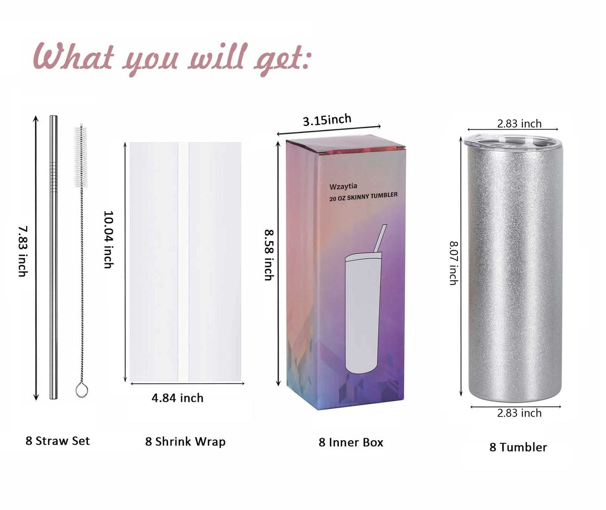 20 Oz 8 Pack Glitter Sublimation Skinny Tumblers Stainless Steel F421