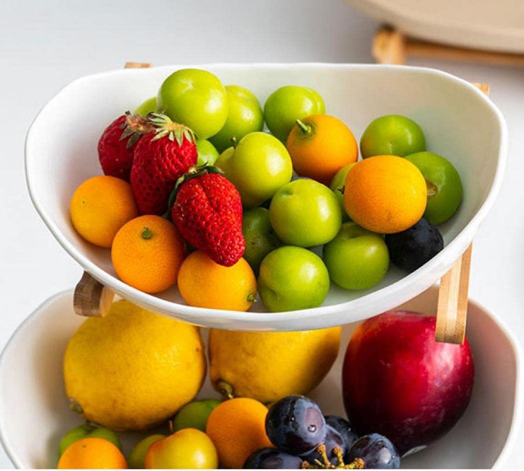 3-Tier Ceramic Fruit Basket with Bamboo Tray V8791