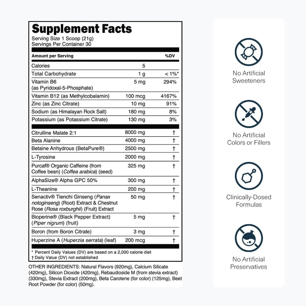 Sugar Free Pre Workout with Beta Alanine, Citrulline Malate & Caffeine, 30 Servings W375997
