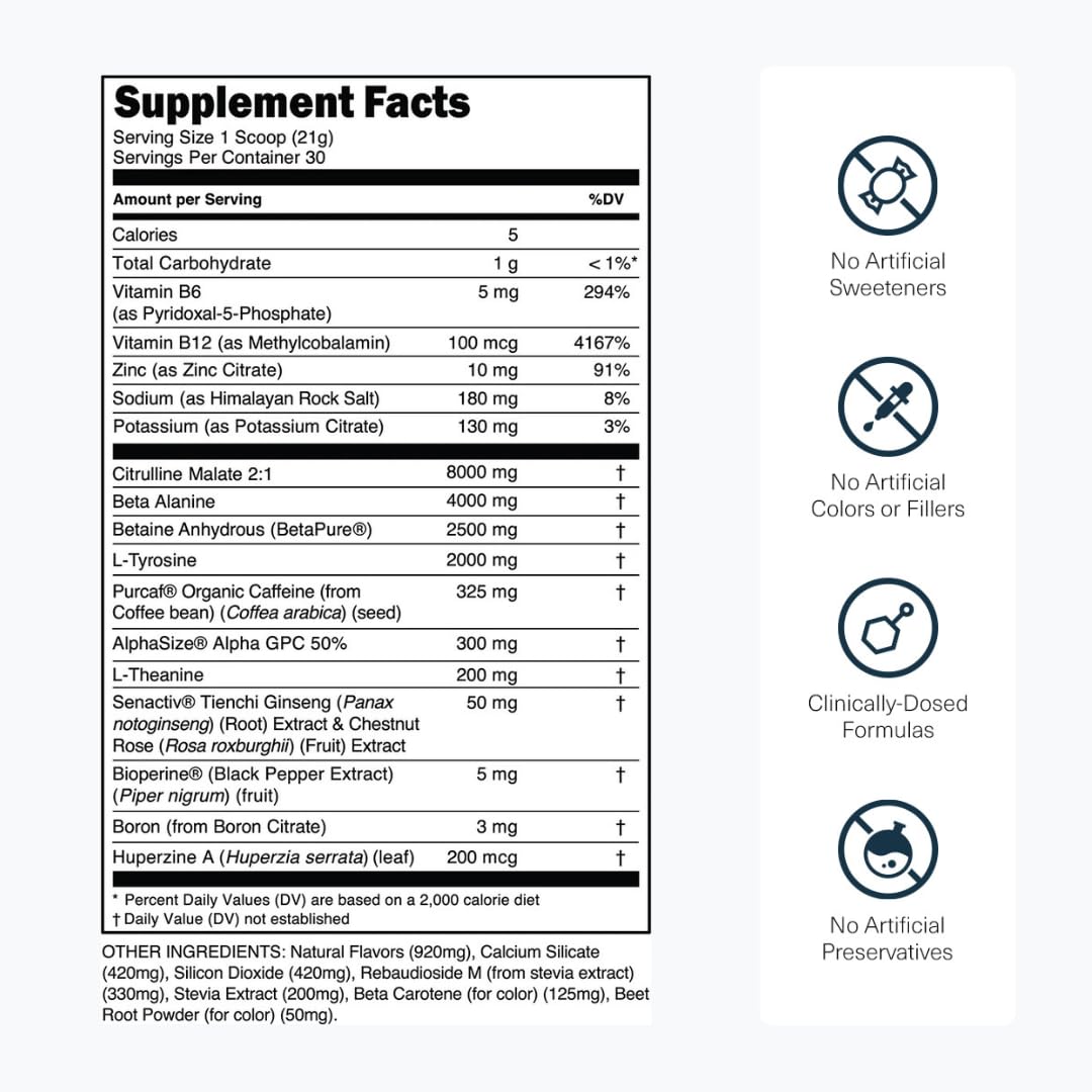 Sugar Free Pre Workout with Beta Alanine, Citrulline Malate & Caffeine, 30 Servings W375997