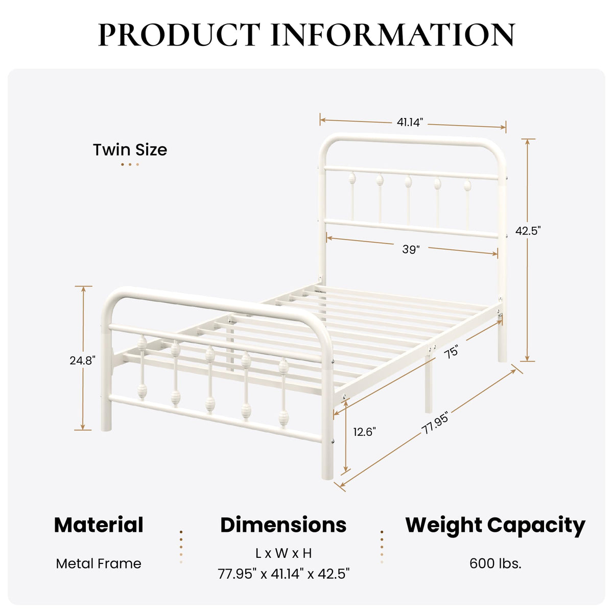 Twin Metal Bed Frame with Victorian Iron-Art Headboard G75686