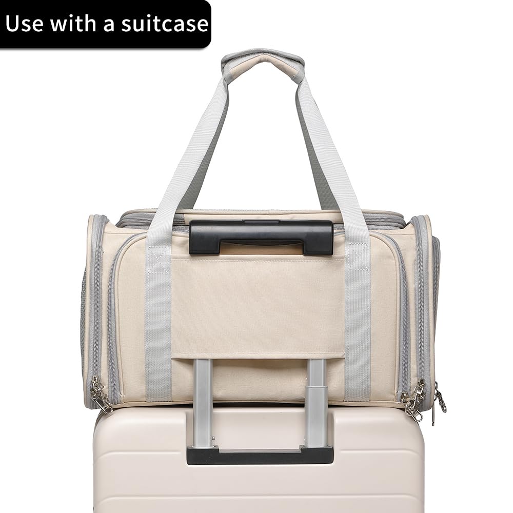 Airline Approved Pet Carrier for Cats and Small Dogs up to 15 lbs, Breathable Mesh, Portable Travel Bag (Khaki, Expandable) S9756