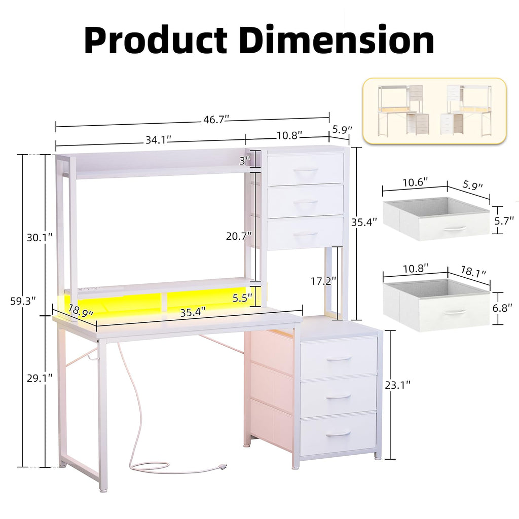47 Inch White Computer Gaming Desk with Hutch and 6 Fabric Drawers G48989