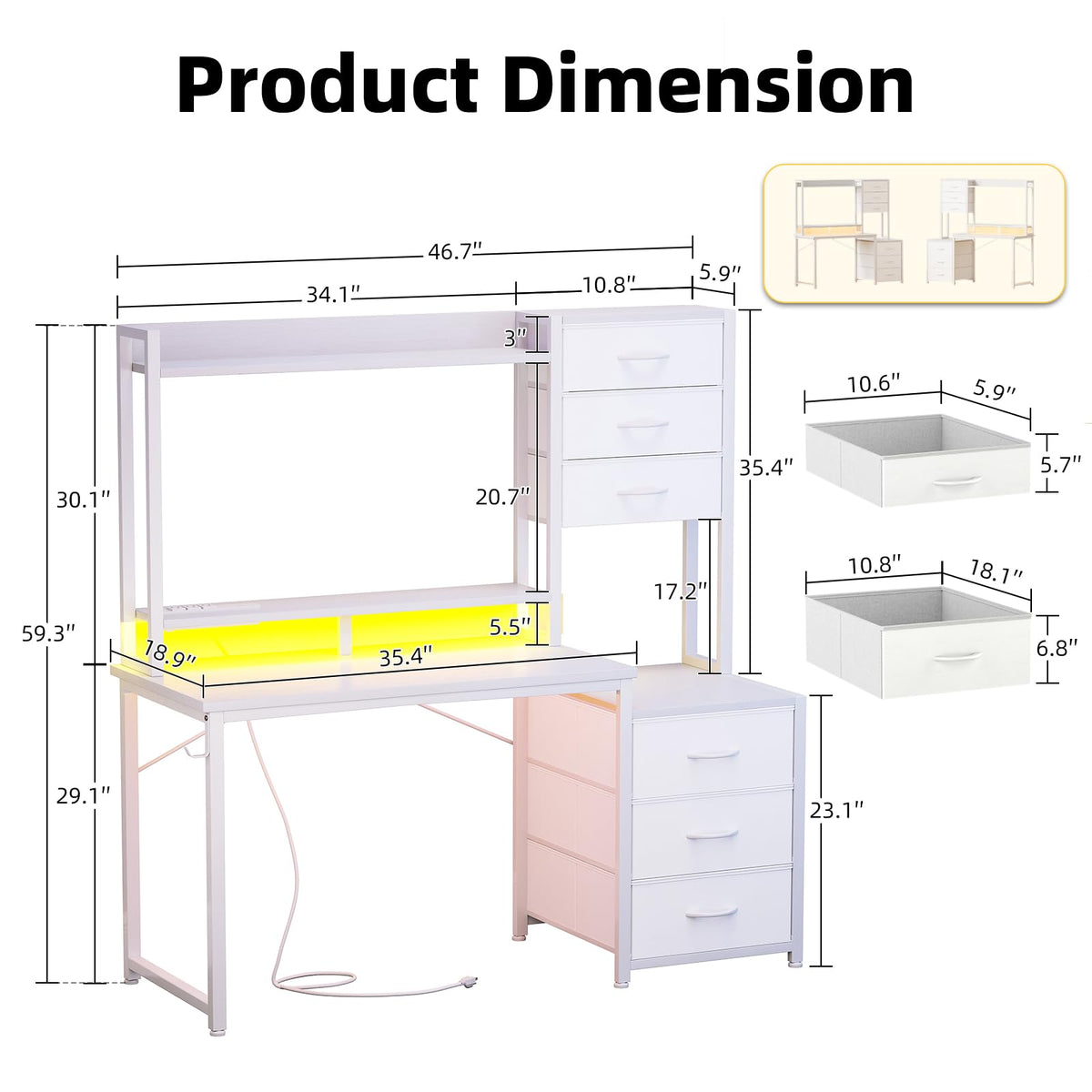 47 Inch White Computer Gaming Desk with Hutch and 6 Fabric Drawers G48989