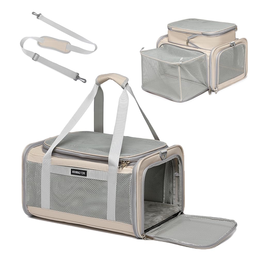 Airline Approved Pet Carrier for Cats and Small Dogs up to 15 lbs, Breathable Mesh, Portable Travel Bag (Khaki, Expandable) S9756