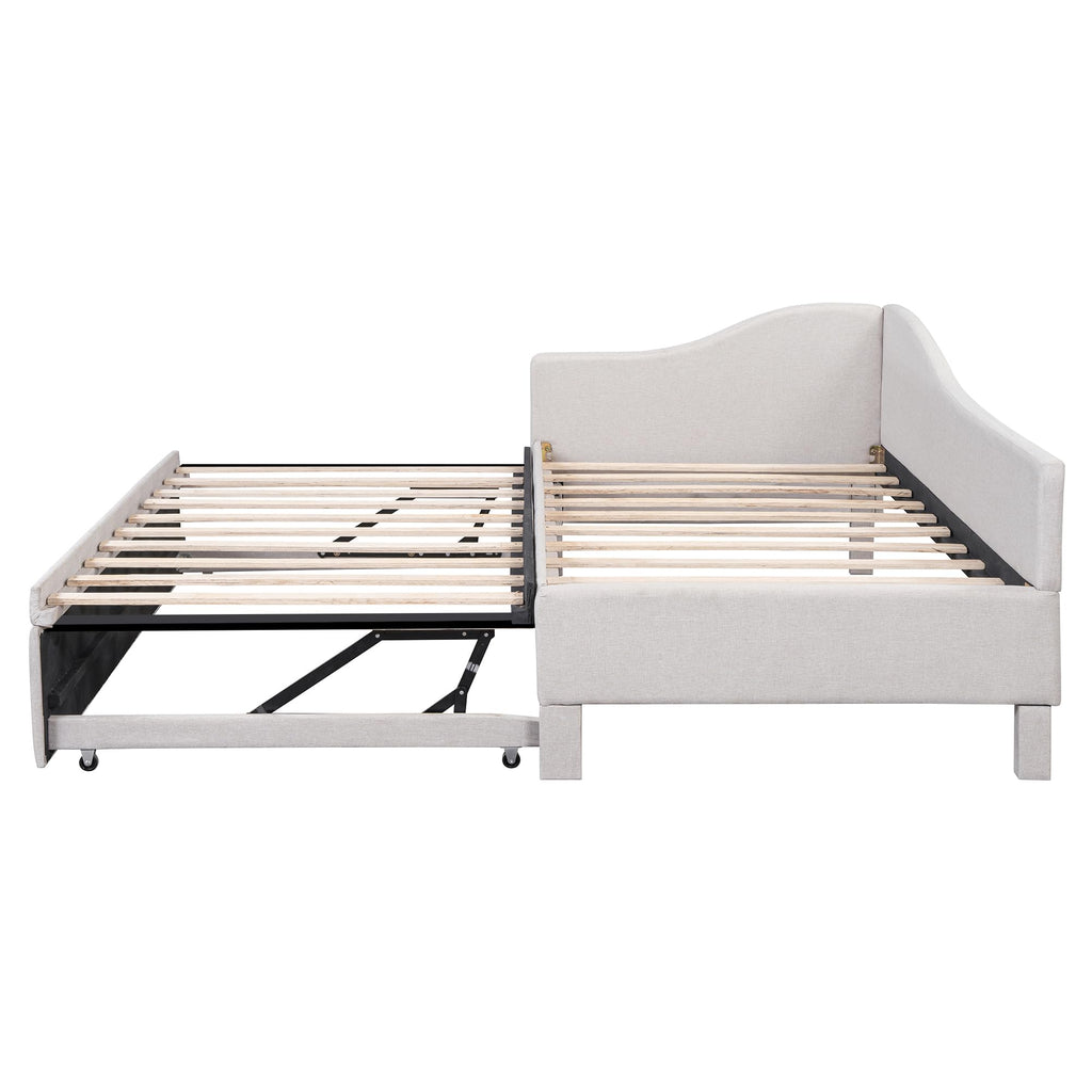 Beige Linen Upholstered Twin Size L-Shaped Daybed with Pop Up Trundle K326371