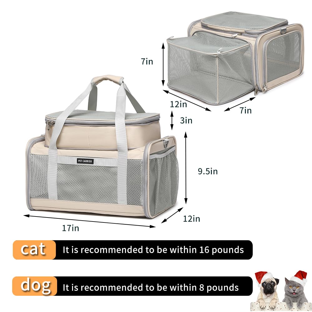 Airline Approved Pet Carrier for Cats and Small Dogs up to 15 lbs, Breathable Mesh, Portable Travel Bag (Khaki, Expandable) S9756