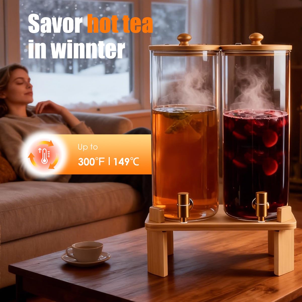 2 Gallon 2 Pack Glass Drink Dispenser with Wood Stand H438341