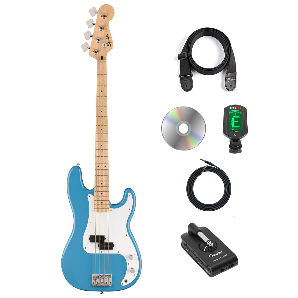 California Blue Precision Bass Guitar Bundle with Headphone Amp, Cable, Tuner, Strap I715927