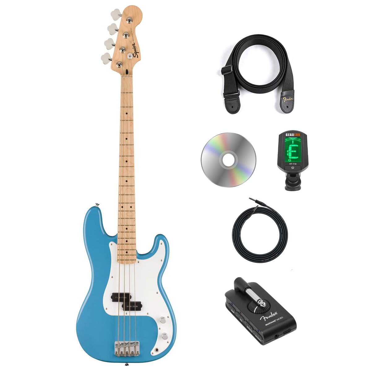 California Blue Precision Bass Guitar Bundle with Headphone Amp, Cable, Tuner, Strap I715927