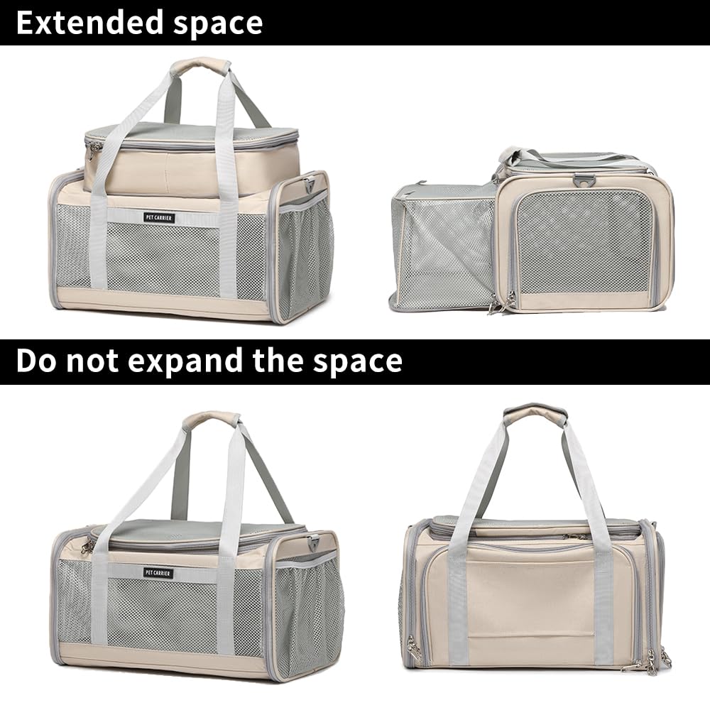 Airline Approved Pet Carrier for Cats and Small Dogs up to 15 lbs, Breathable Mesh, Portable Travel Bag (Khaki, Expandable) S9756