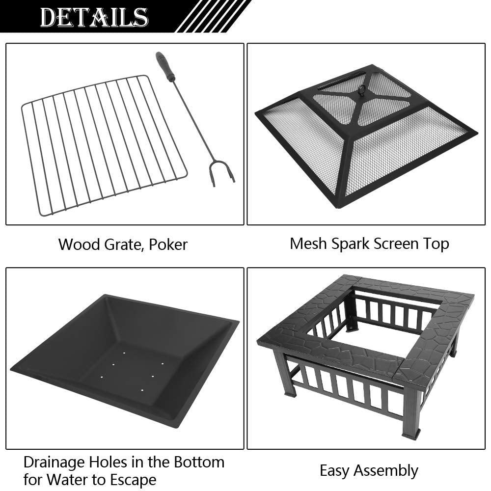 32” Metal Square Wood Burning Fire Pit M334616