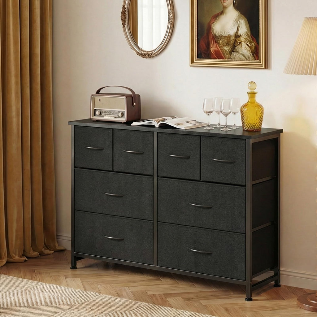 Black 8 Fabric Drawer Dresser with Wood Top I93717