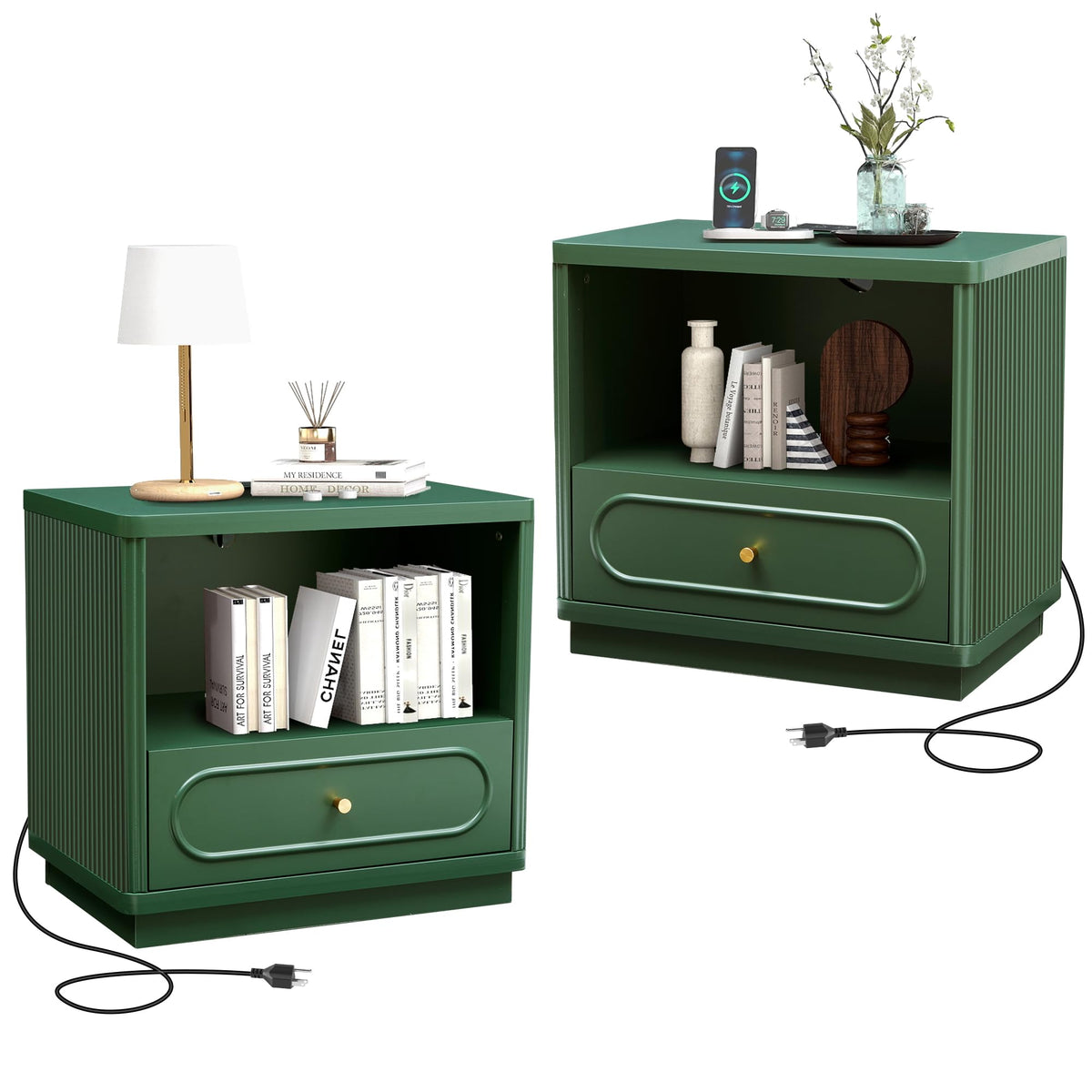 Green Fluted Nightstand Set of 2 with Charging Station O5682