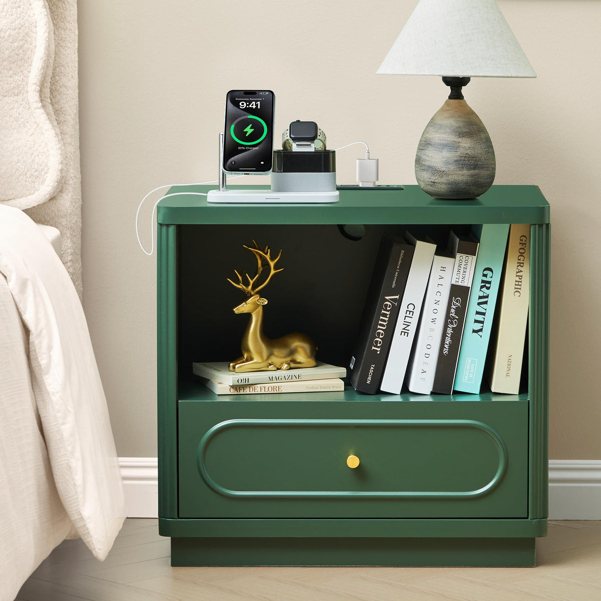 Green Fluted Nightstand Set of 2 with Charging Station O5682