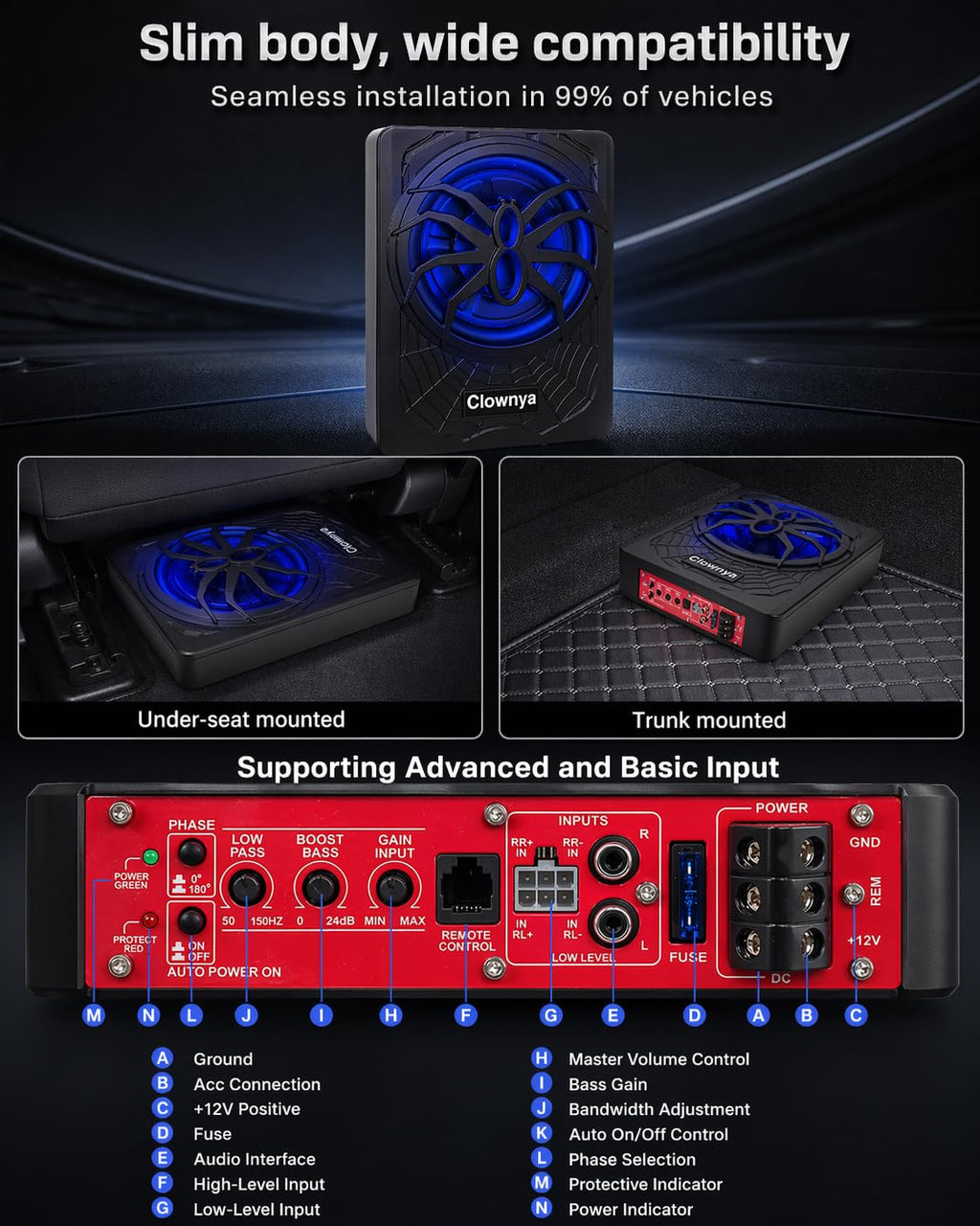 1200W Slim Under-Seat Powered Car Subwoofer with Built-in Amp Z13111
