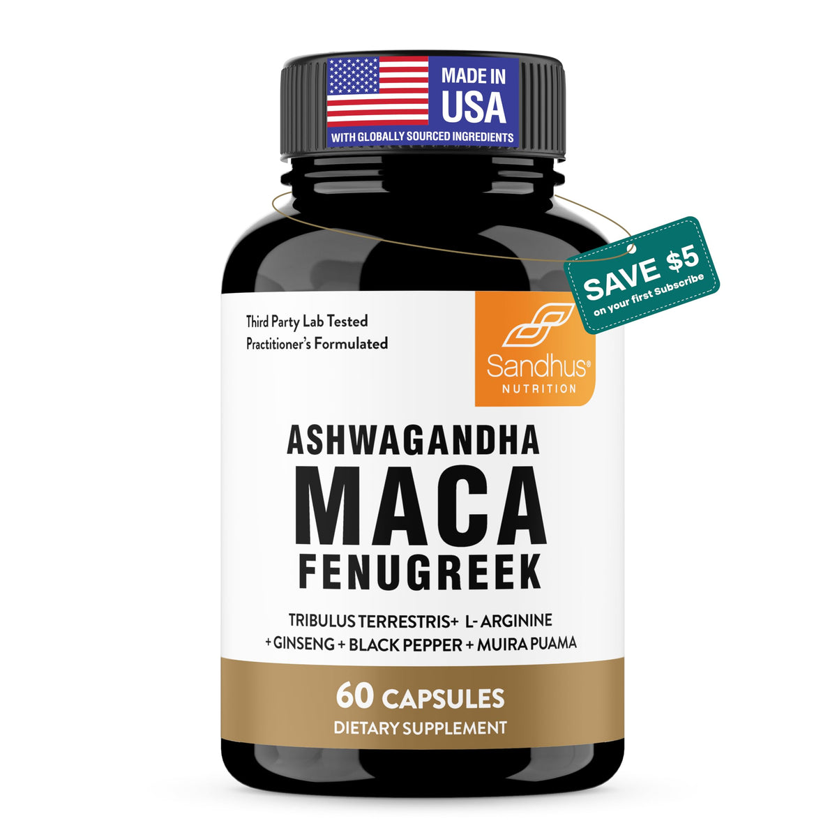 Maca Root Fenugreek Ashwagandha L-Arginine Ginseng Muira Puama Herbal Supplement 60 Capsules I582488