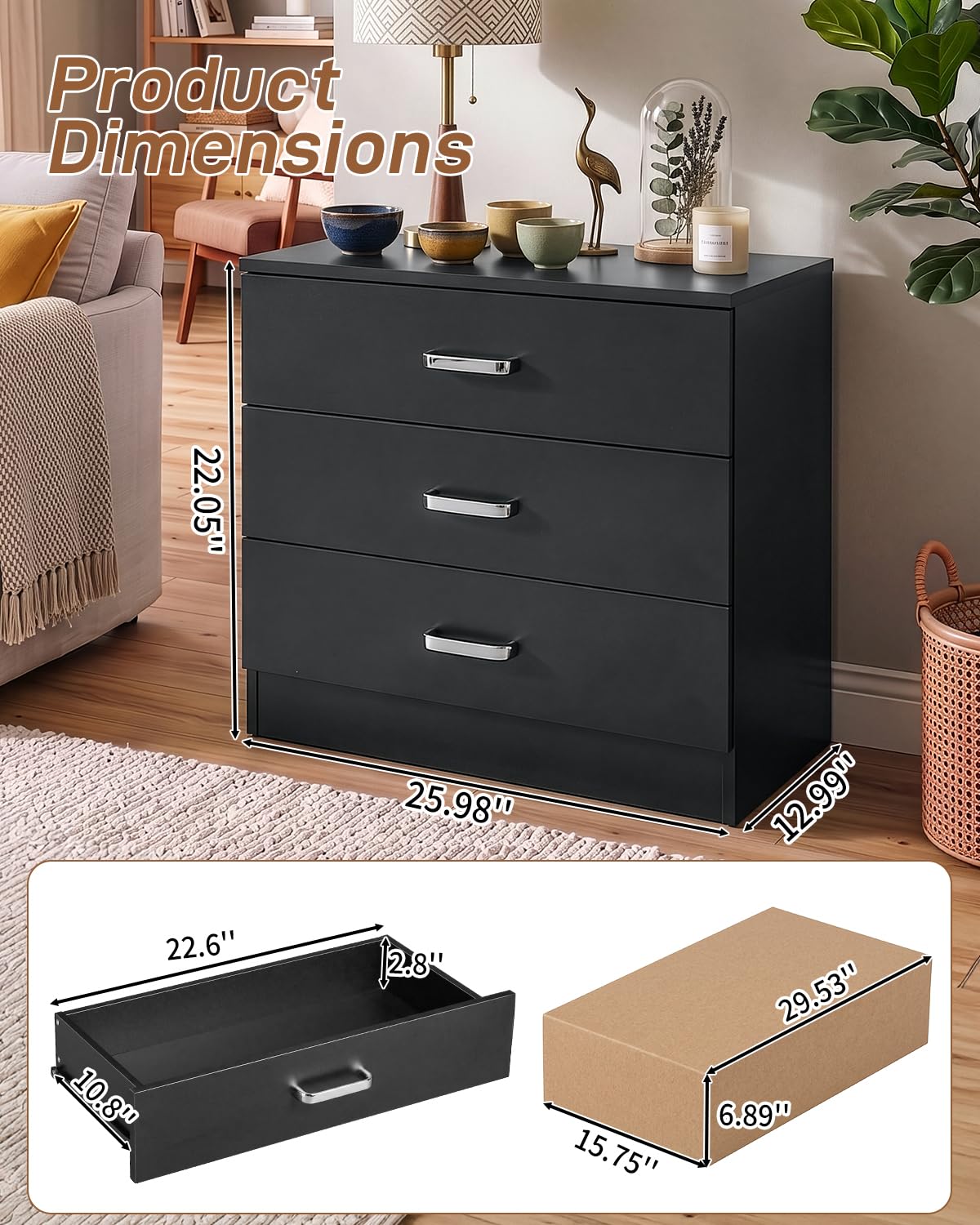Black 3 Drawer Dresser W337993