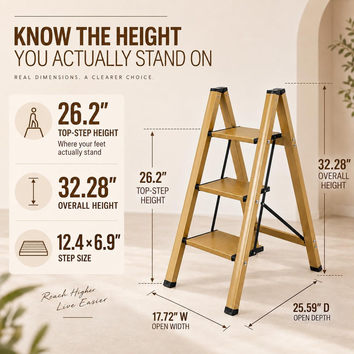 Gold Aluminum 3 Step Folding Stool, 330 lb Capacity S73109