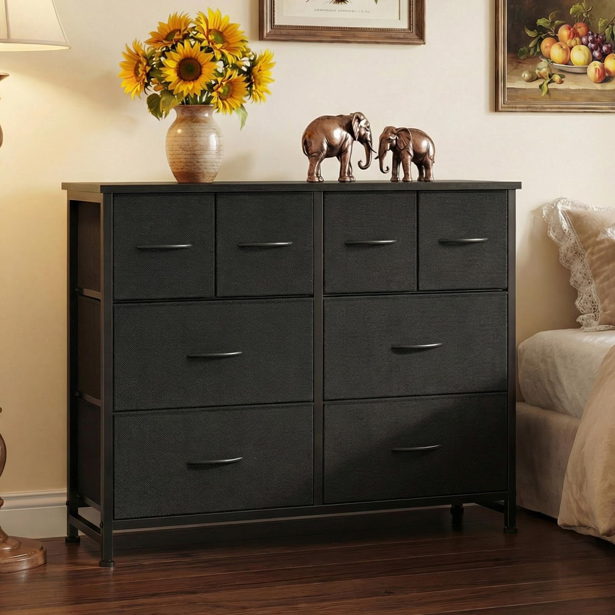Black 8 Fabric Drawer Dresser with Wood Top I93717