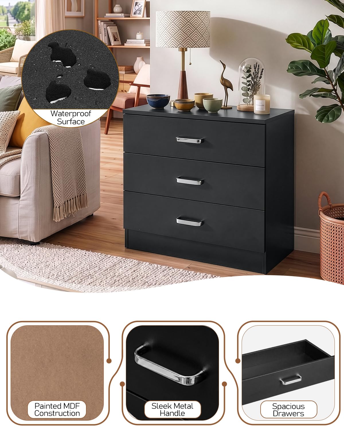 Black 3 Drawer Dresser W337993