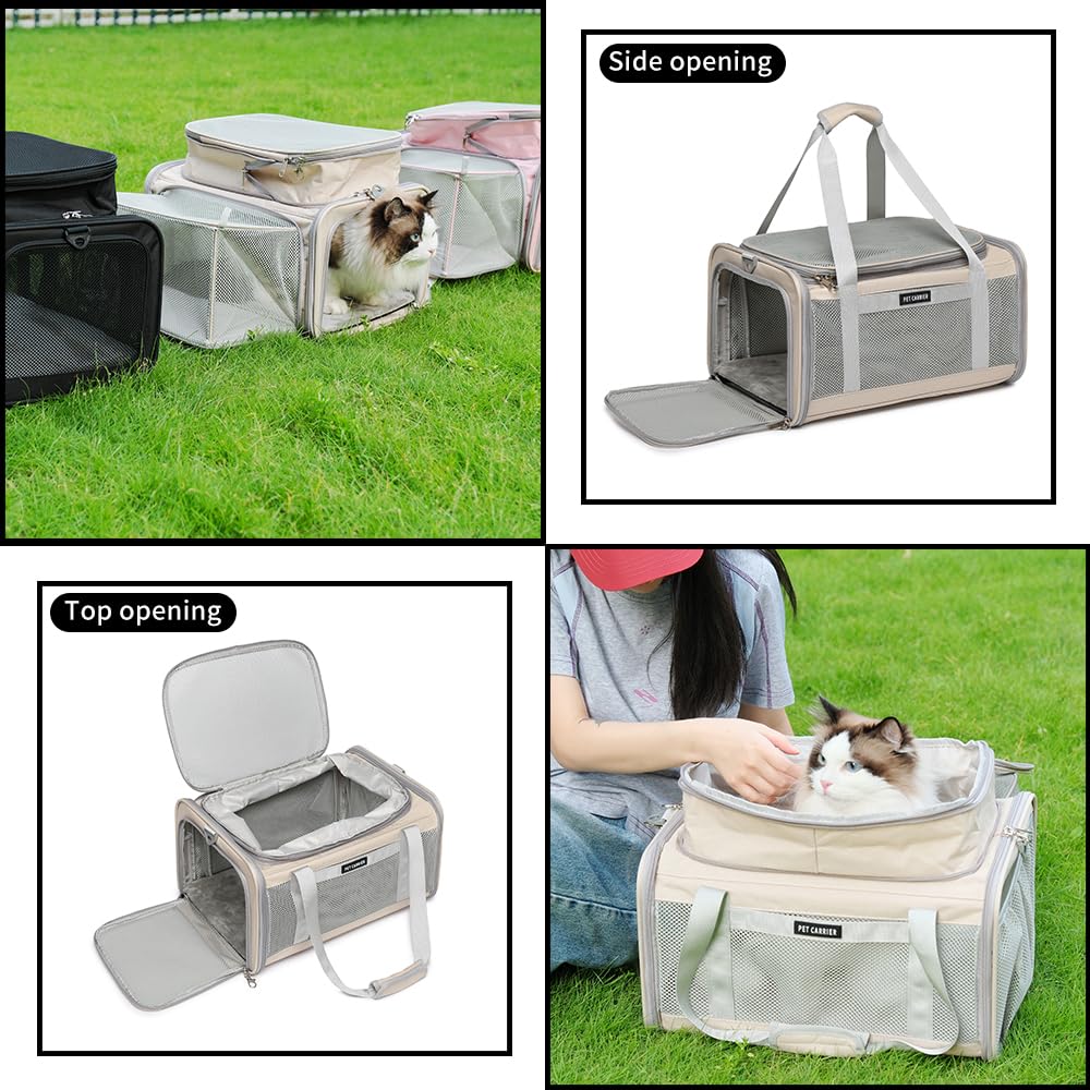Airline Approved Pet Carrier for Cats and Small Dogs up to 15 lbs, Breathable Mesh, Portable Travel Bag (Khaki, Expandable) S9756