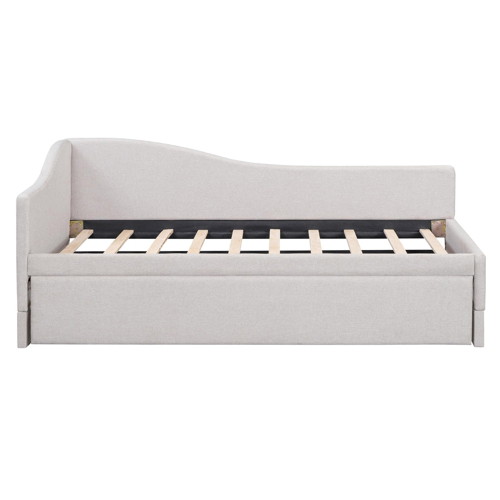Beige Linen Upholstered Twin Size L-Shaped Daybed with Pop Up Trundle K326371
