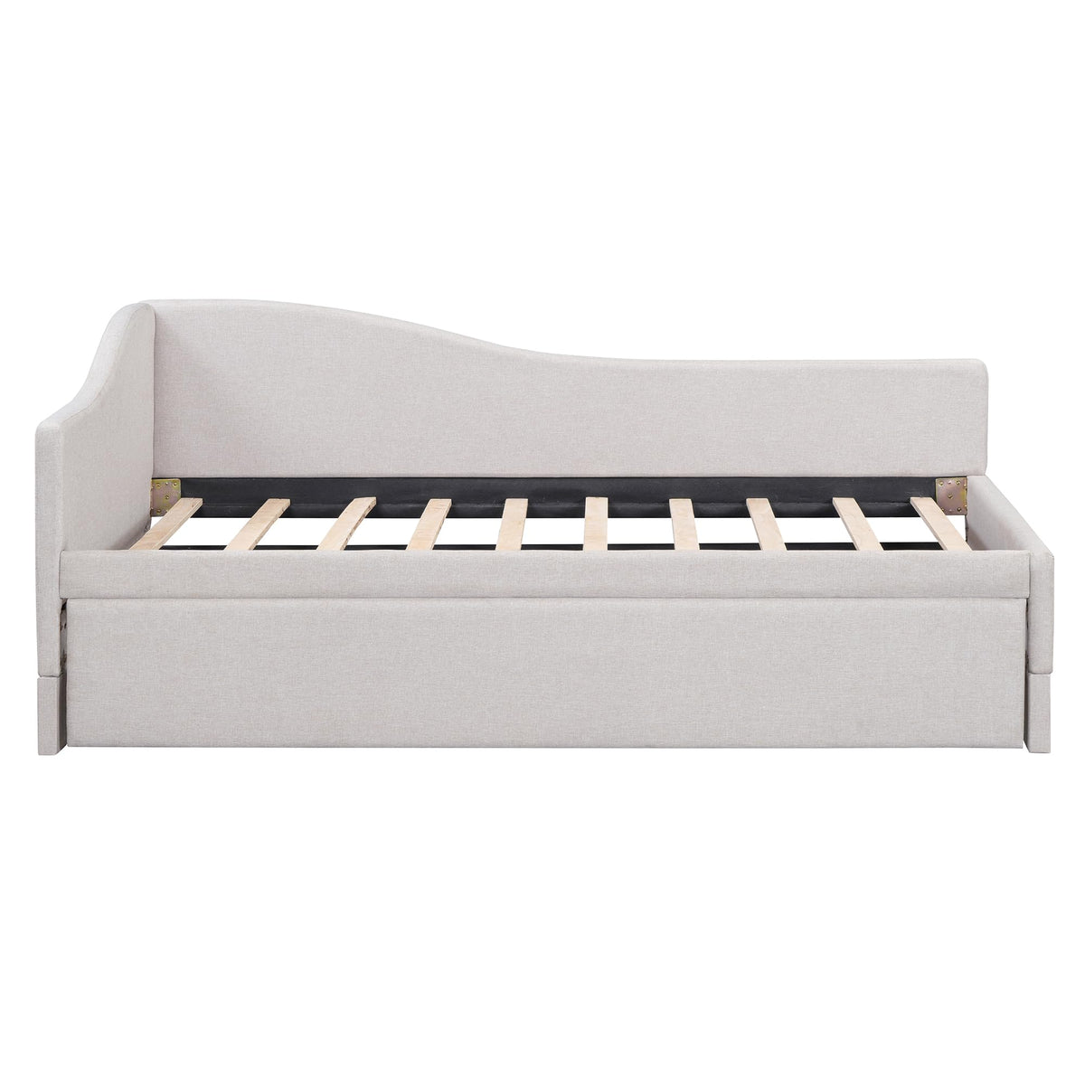 Beige Linen Upholstered Twin Size L-Shaped Daybed with Pop Up Trundle K326371