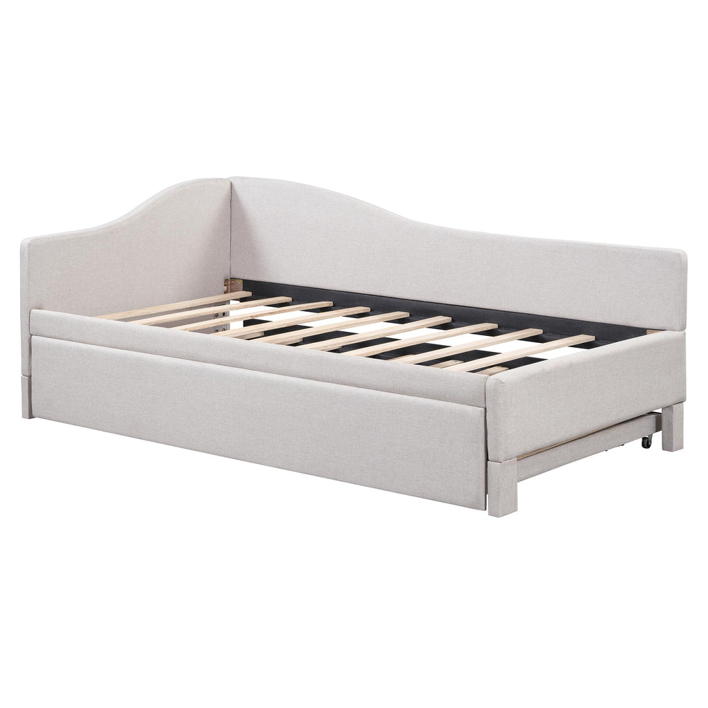 Beige Linen Upholstered Twin Size L-Shaped Daybed with Pop Up Trundle K326371