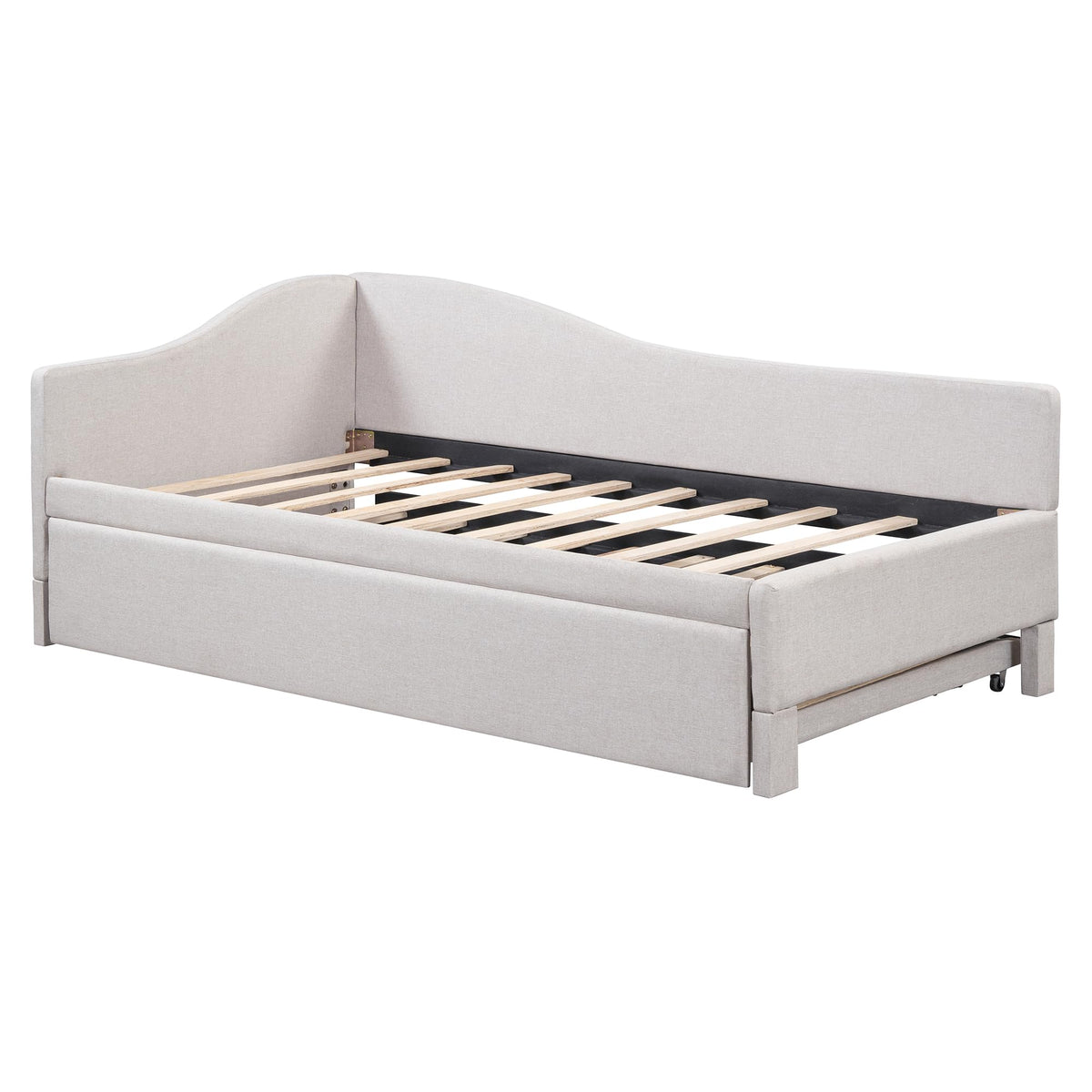 Beige Linen Upholstered Twin Size L-Shaped Daybed with Pop Up Trundle K326371