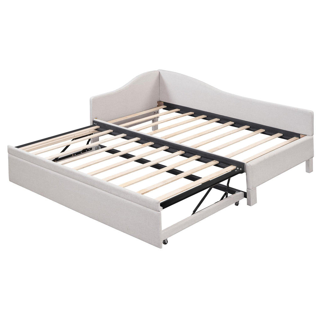 Beige Linen Upholstered Twin Size L-Shaped Daybed with Pop Up Trundle K326371