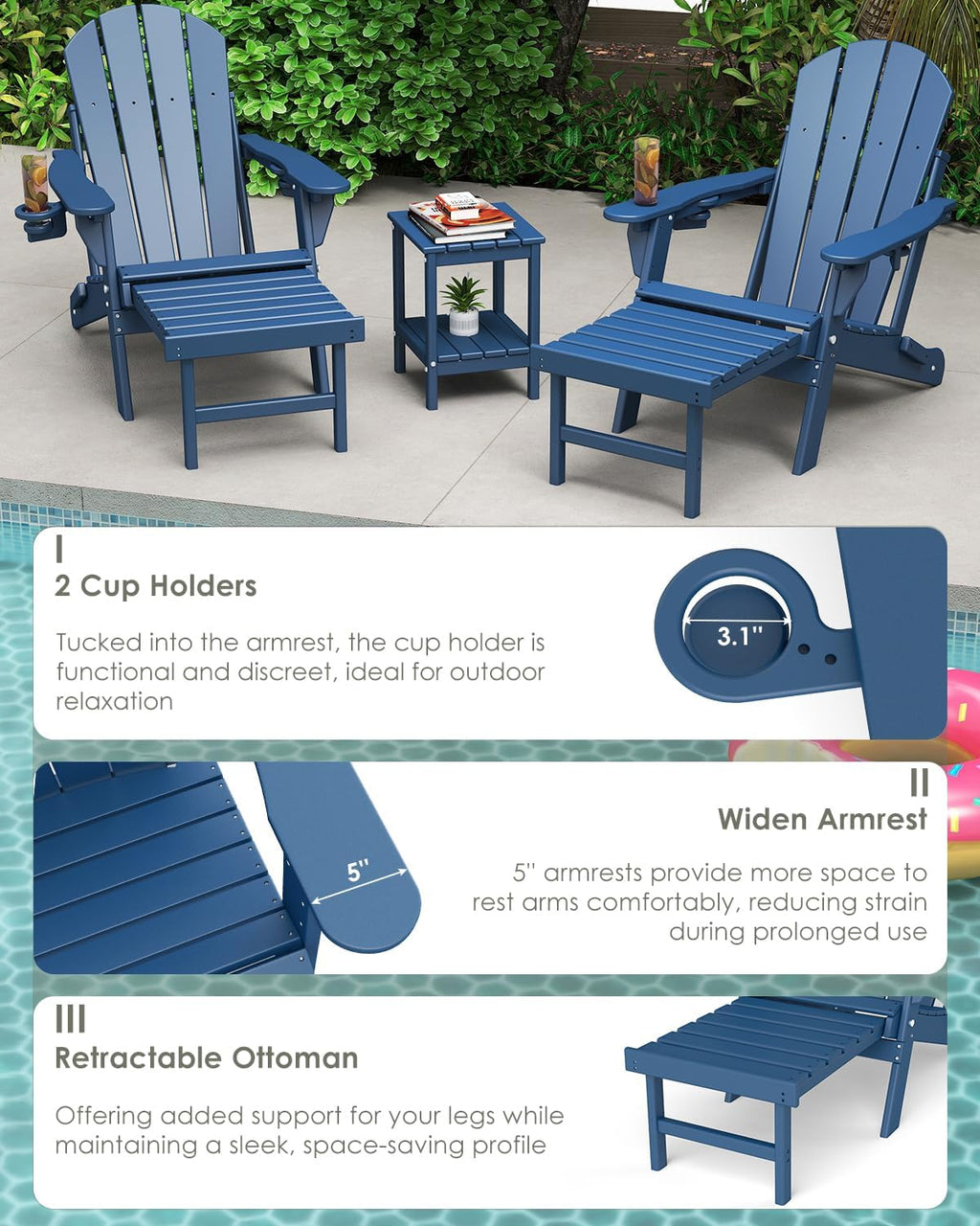 Adjustable Adirondack Chairs with Ottoman Set of 2 Blue U537333