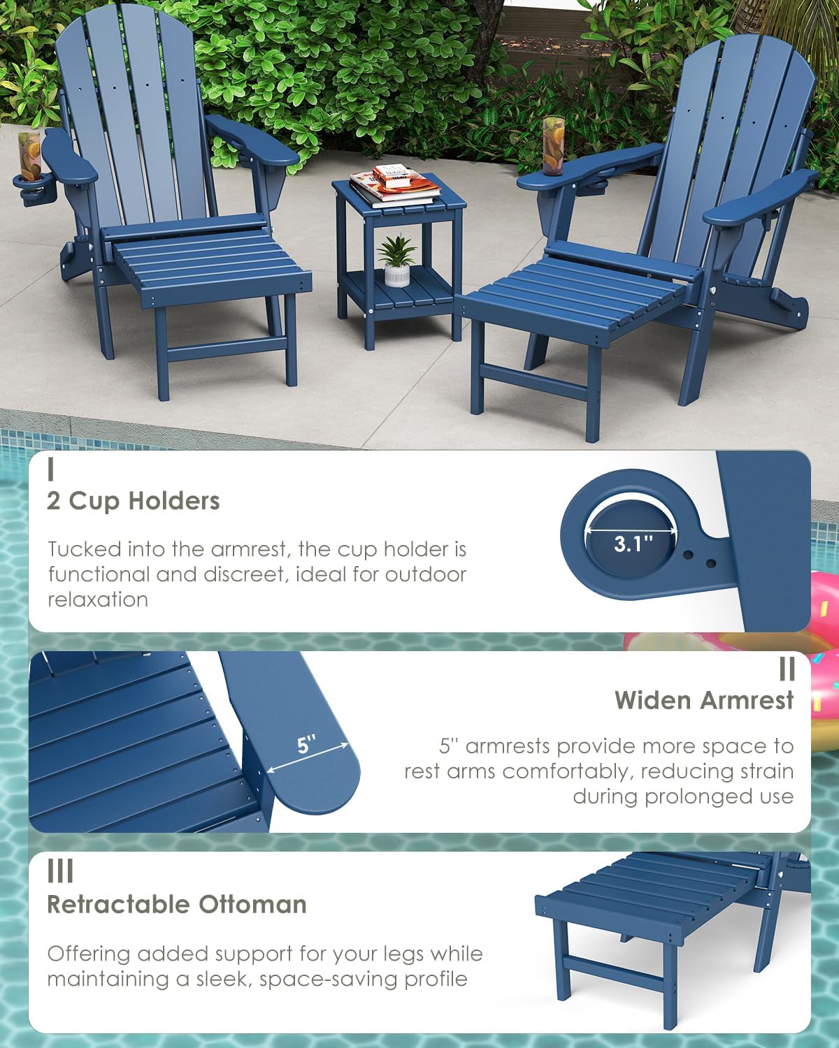Adjustable Adirondack Chairs with Ottoman Set of 2 Blue U537333