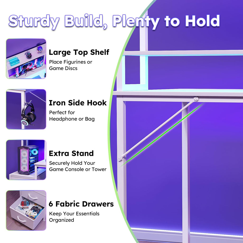 47 Inch White Computer Gaming Desk with Hutch and 6 Fabric Drawers G48989