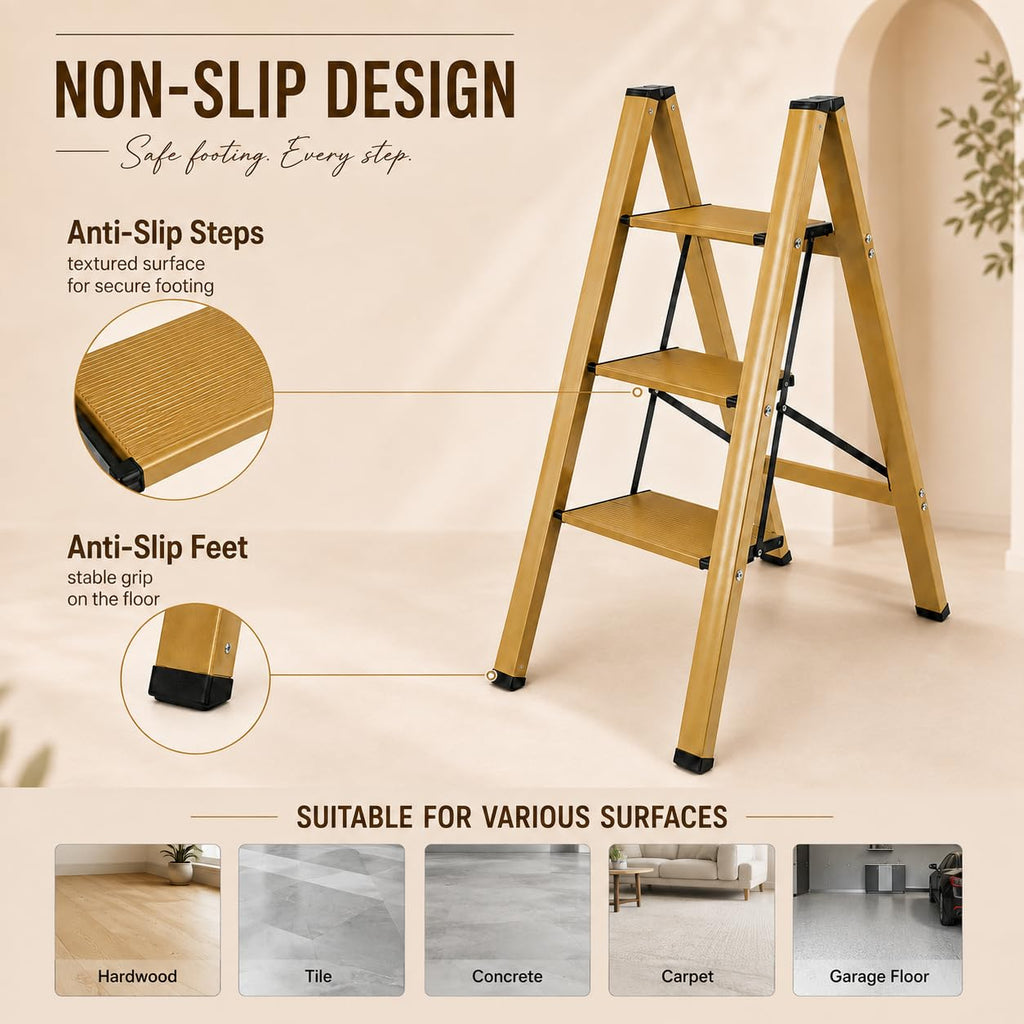 Gold Aluminum 3 Step Folding Stool, 330 lb Capacity S73109