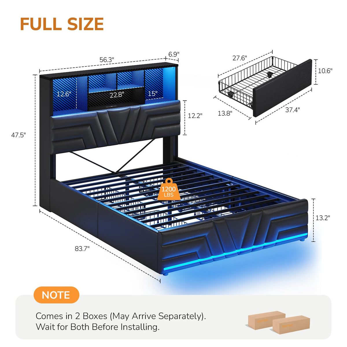 Full Size Bed Frame with 4 Drawers and Storage Headboard, Black Q2083