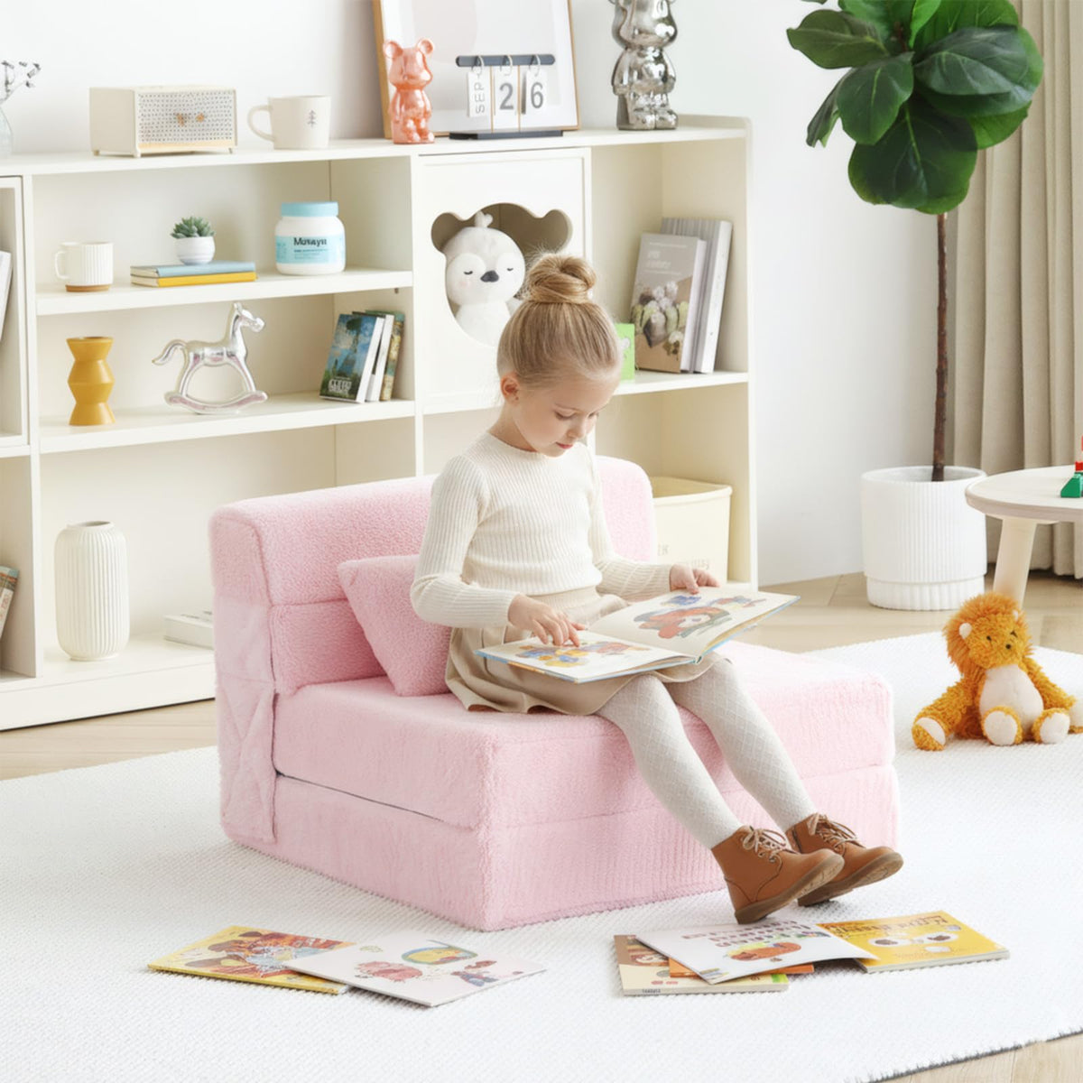 Pink Plush Convertible Folding Kids Sofa Bed with Pillow & Storage Bag W4320