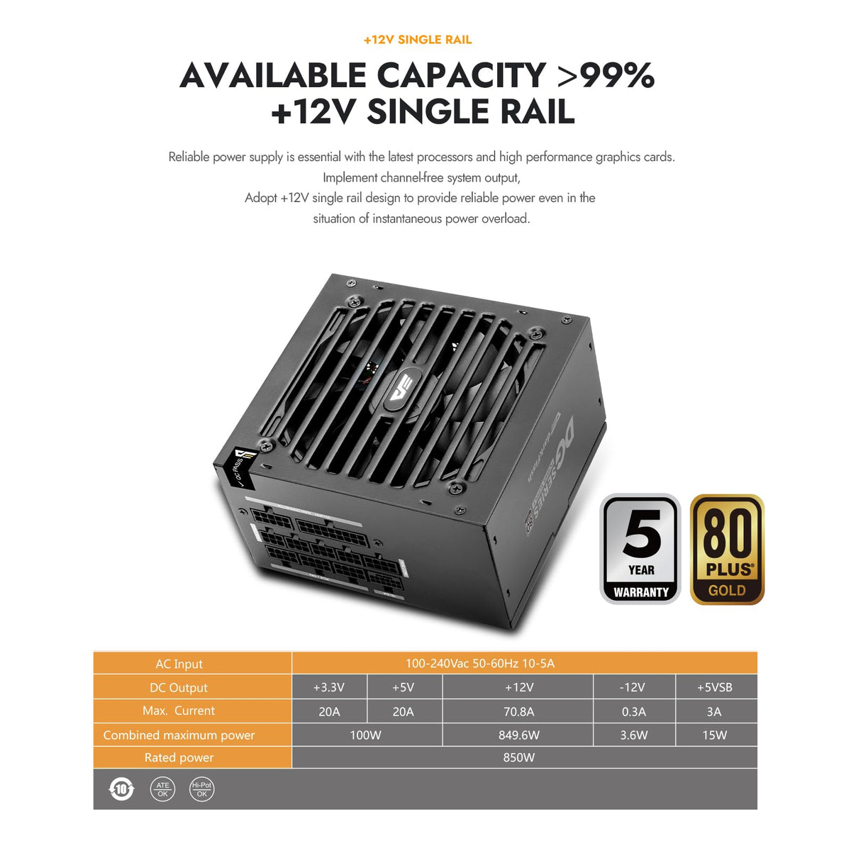 750W 80 Plus Gold ATX 3.1 PCIe 5.1 PC Power Supply, Black O667268