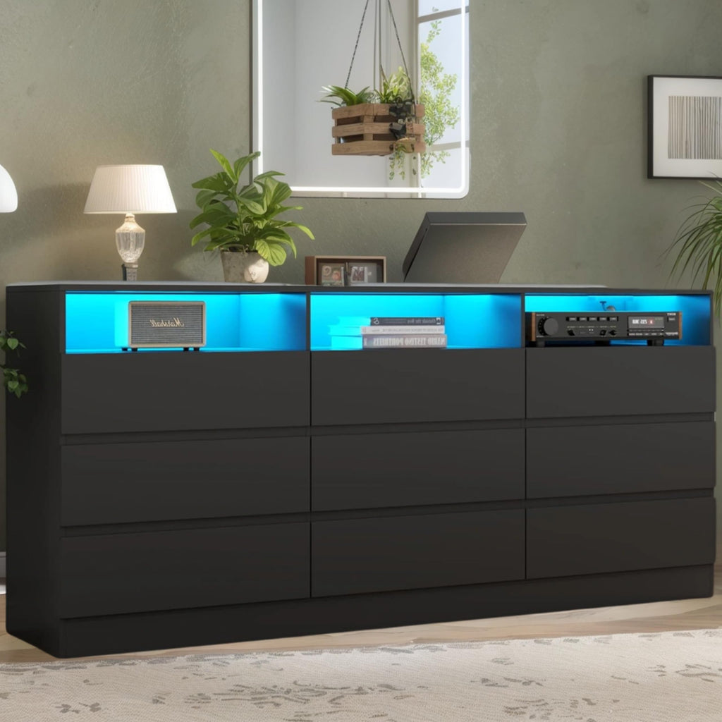 Black 9 Drawer Dresser with LED Lights & Power Outlet O288