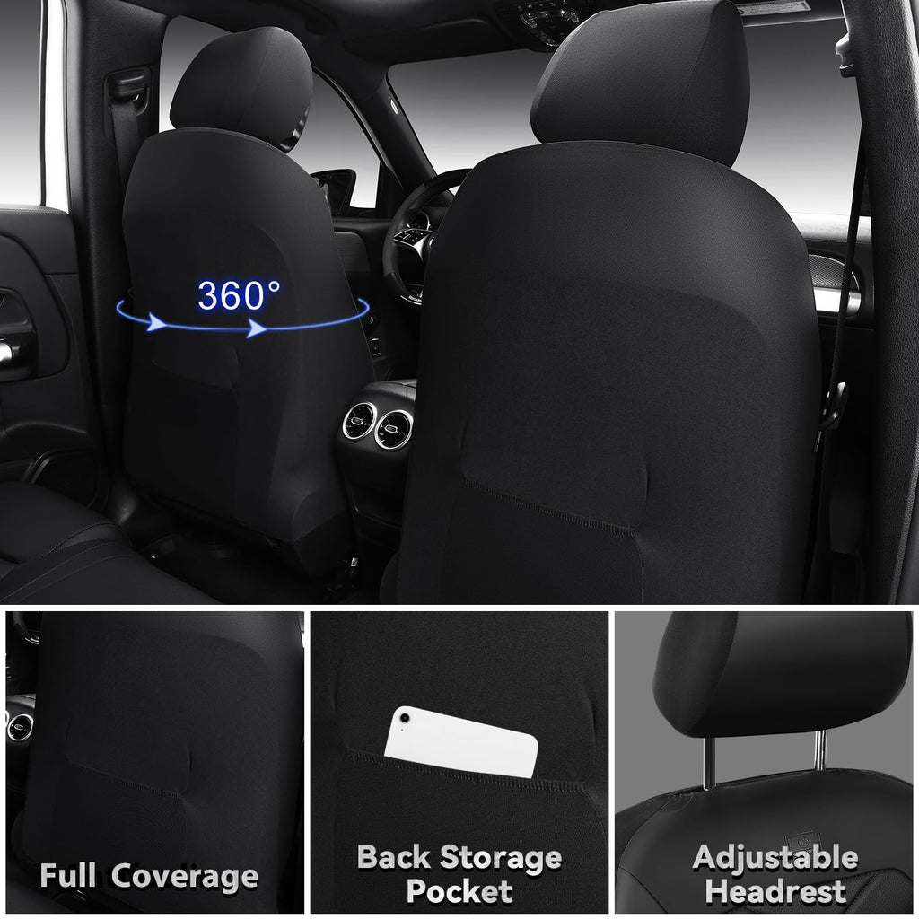 Water Resistant Faux Leather Seat Covers Full Set with Lumbar Support Solid Black D7272