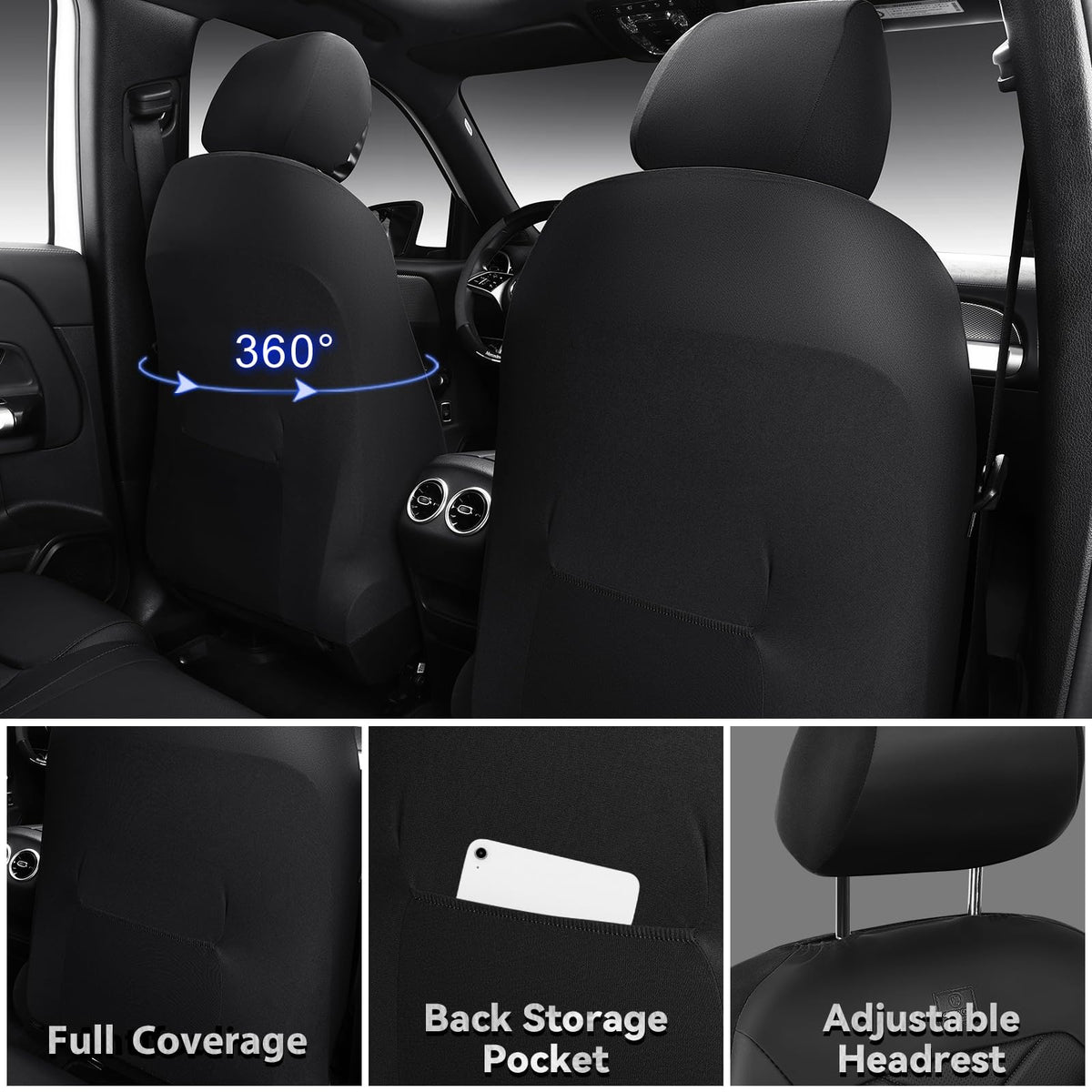 Water Resistant Faux Leather Seat Covers Full Set with Lumbar Support Solid Black D7272
